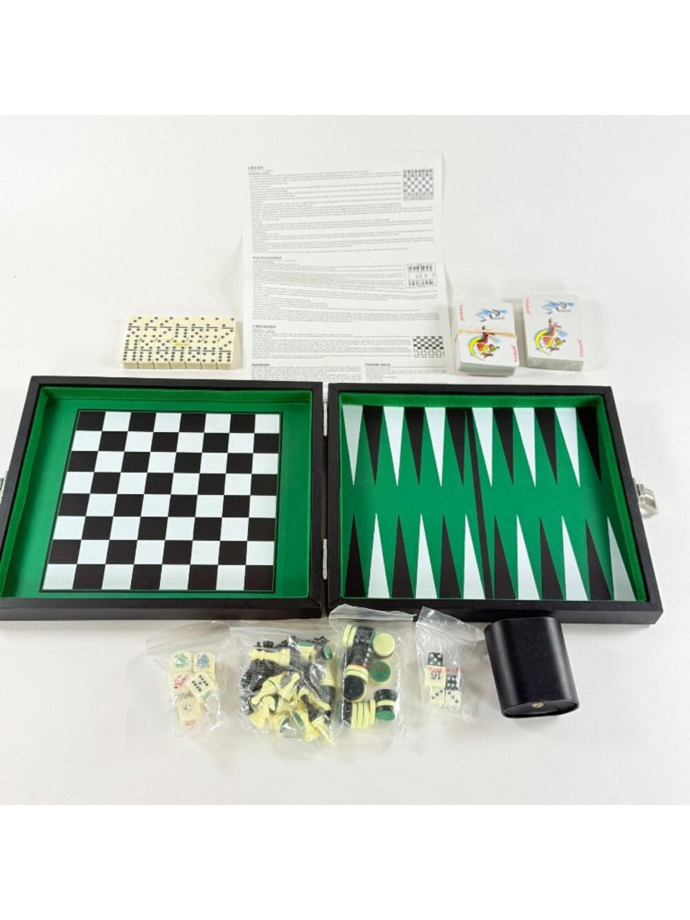 5 In 1 Compact Travel Game Set Chess Backgammon Checkers Domino Poker Dice W/ Ca
